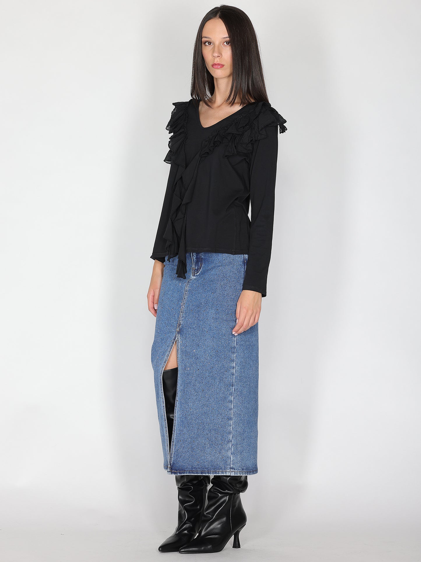 Gonna tubino in denim con strass