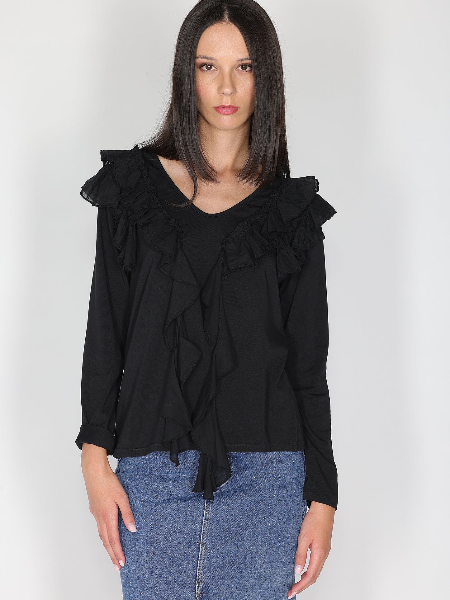 Maglia collo V con rouches