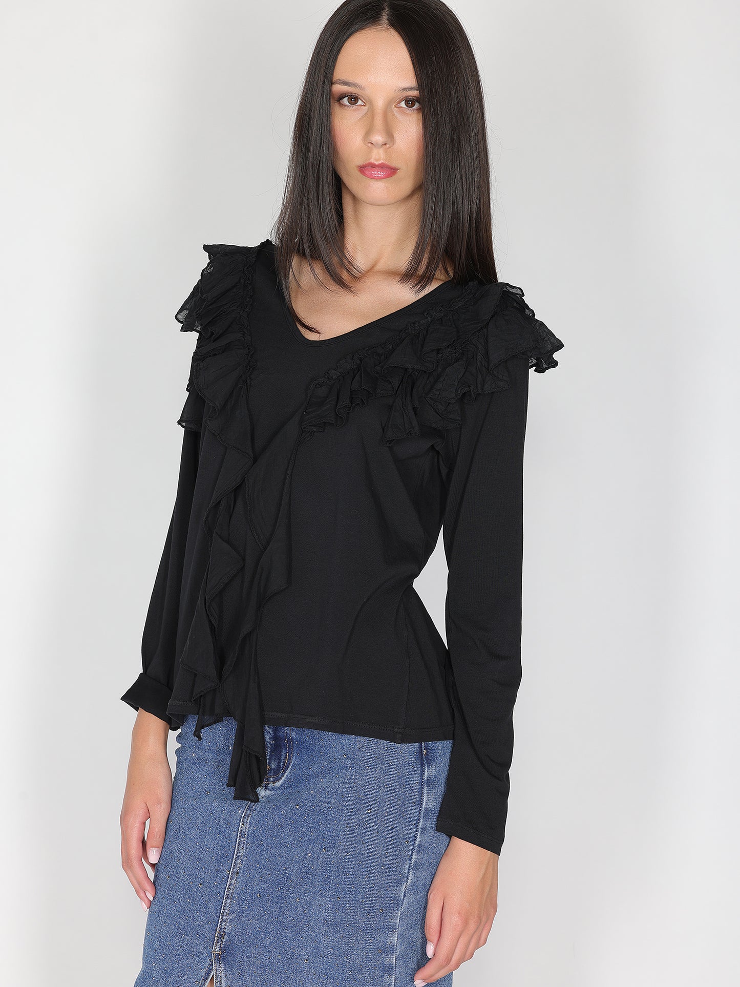 Maglia collo V con rouches