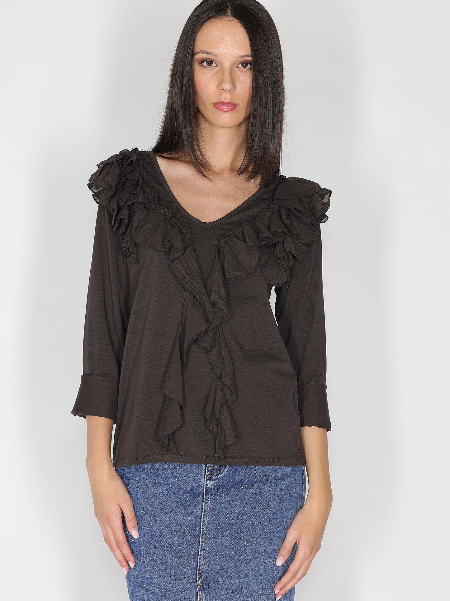 Maglia collo V con rouches