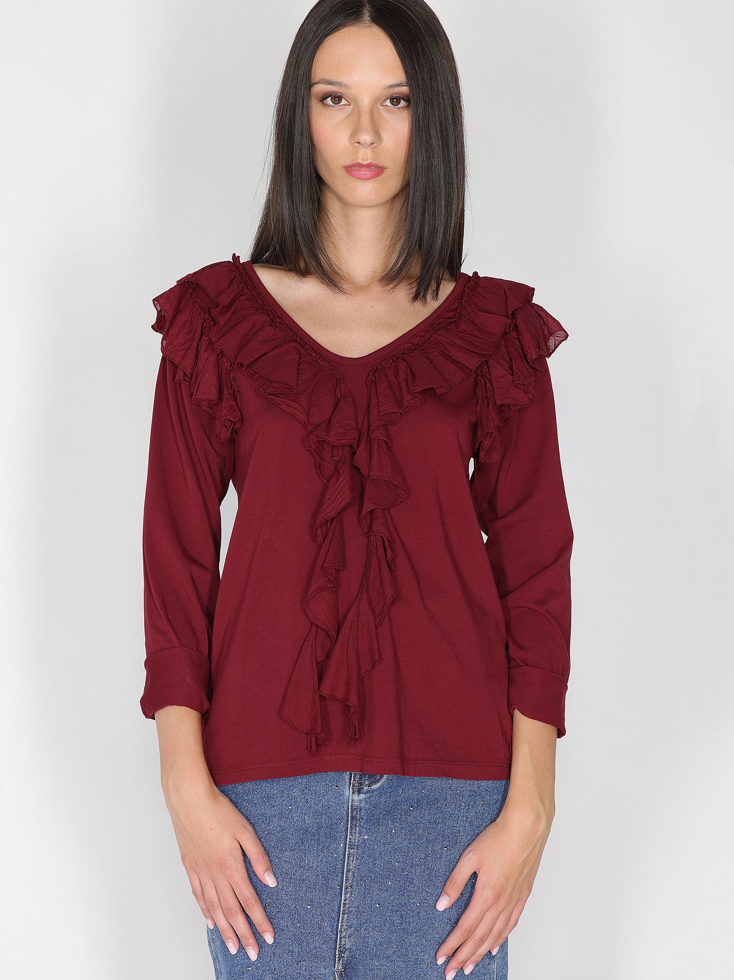 Maglia collo V con rouches