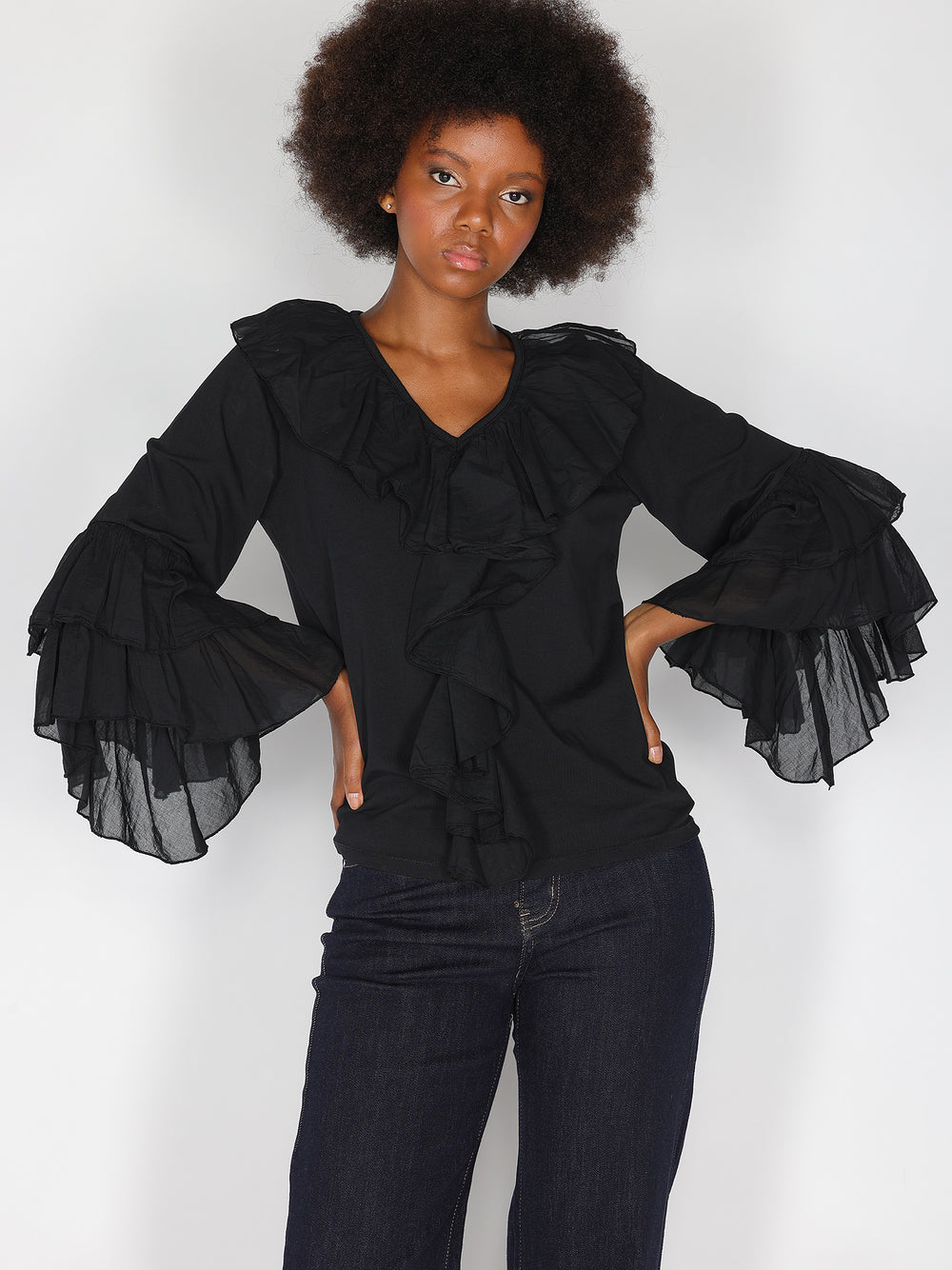 Maglia V in cotone con rouches