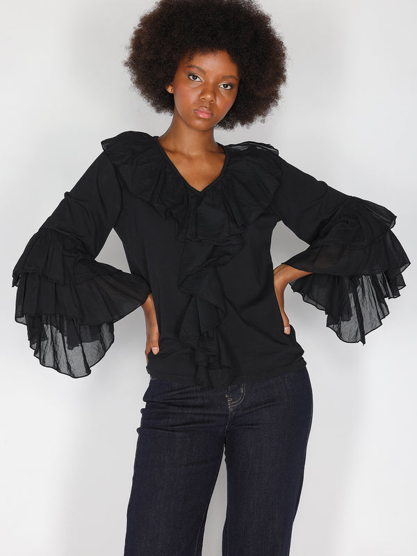 Maglia V in cotone con rouches