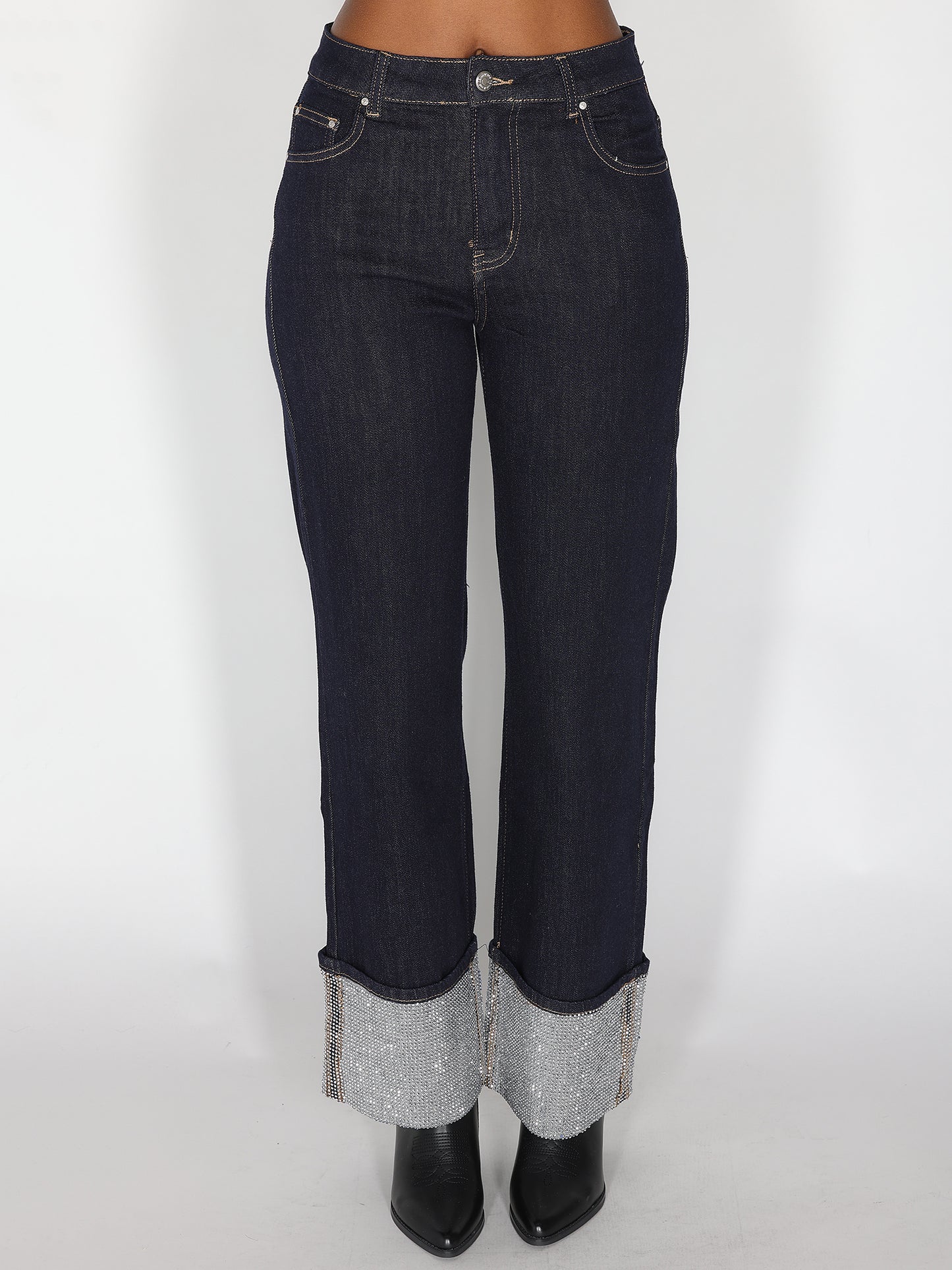 Jeans a palazzo risvolto strass