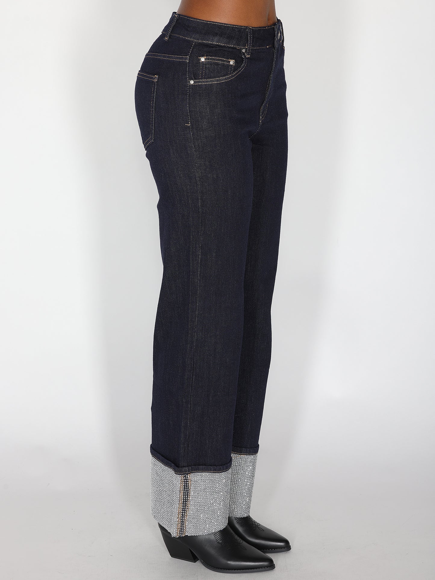 Jeans a palazzo risvolto strass