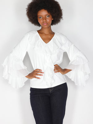 Maglia V in cotone con rouches