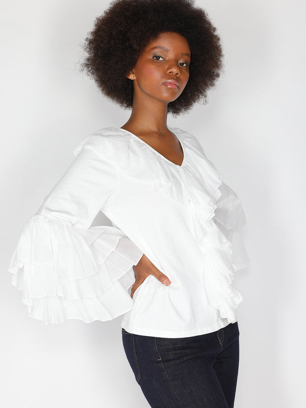 Maglia V in cotone con rouches