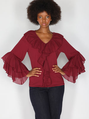 Maglia V in cotone con rouches