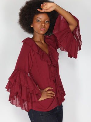 Maglia V in cotone con rouches