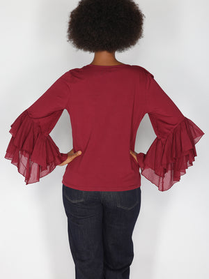 Maglia V in cotone con rouches