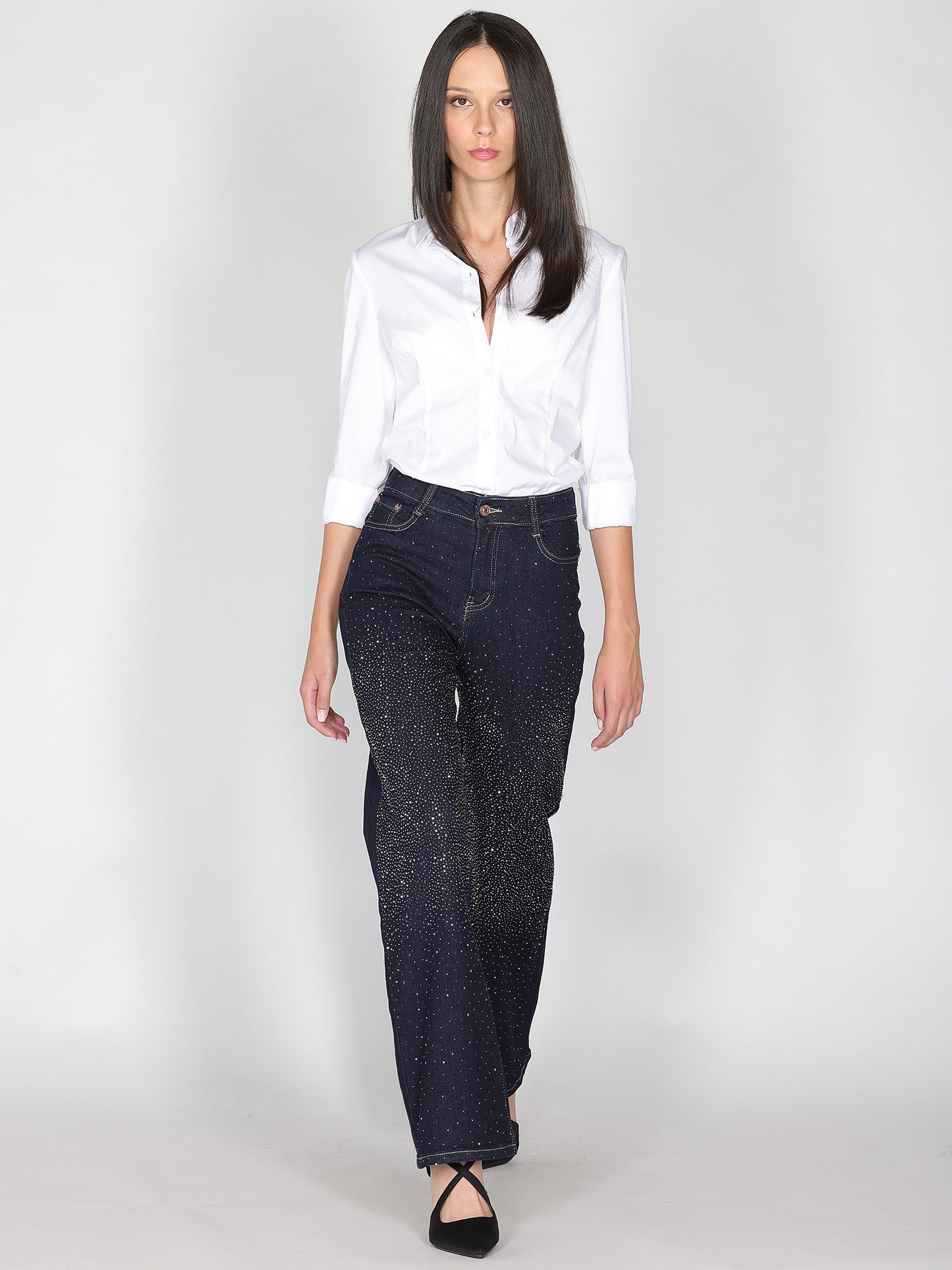 Jeans a palazzo con strass frontali