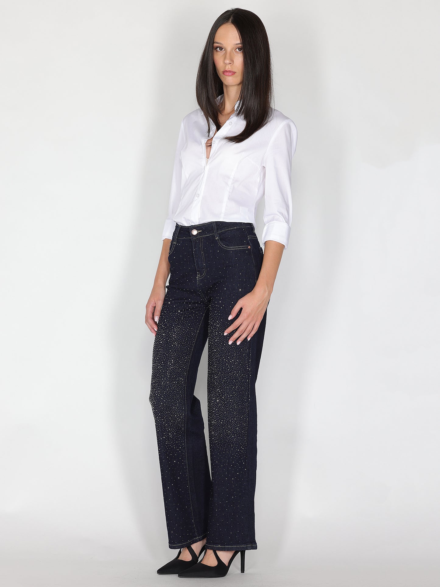 Jeans a palazzo con strass frontali