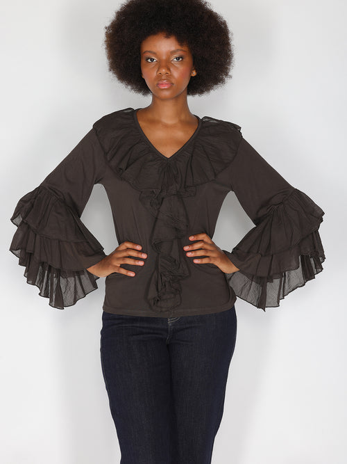 Maglia V in cotone con rouches