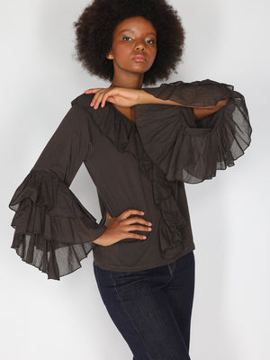 Maglia V in cotone con rouches