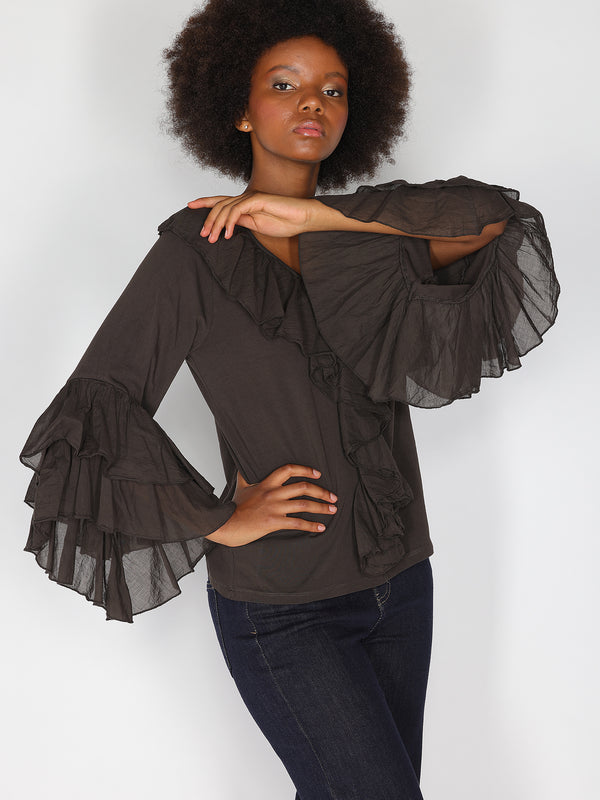 Maglia V in cotone con rouches