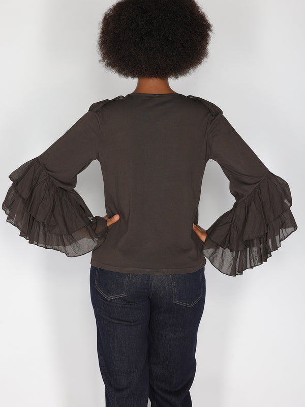Maglia V in cotone con rouches