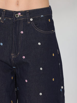 Jeans gamba larga ricamo fiori