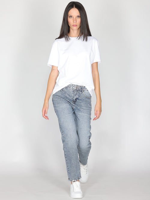 Jeans gamba larga con strass