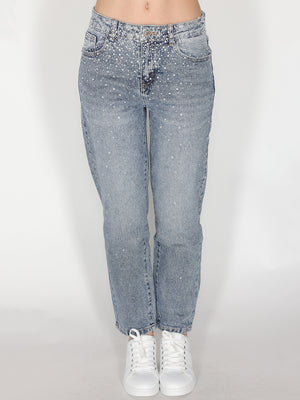 Jeans gamba larga con strass