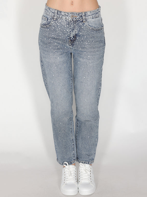 Jeans gamba larga con strass