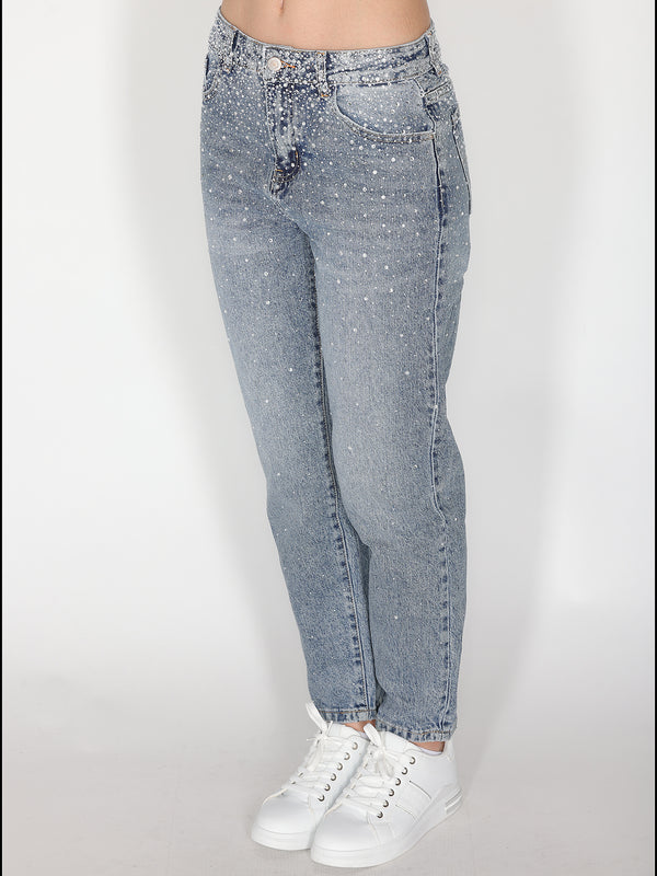 Jeans gamba larga con strass