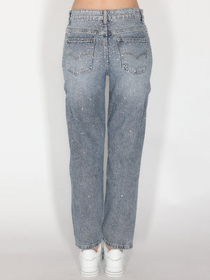 Jeans gamba larga con strass