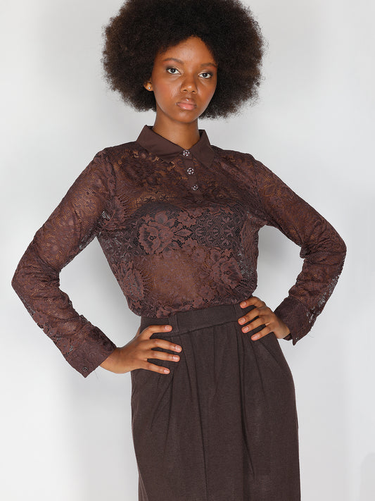 Maglia in pizzo con collo a camicia