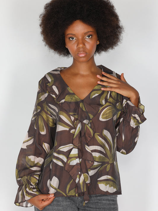 Maglia in fantasia con collo balze