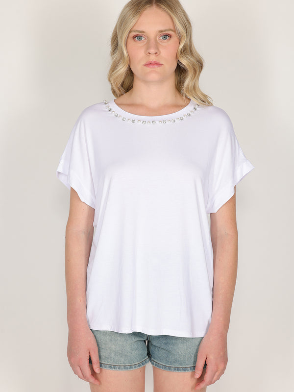 T-shirt con perle e cristalli