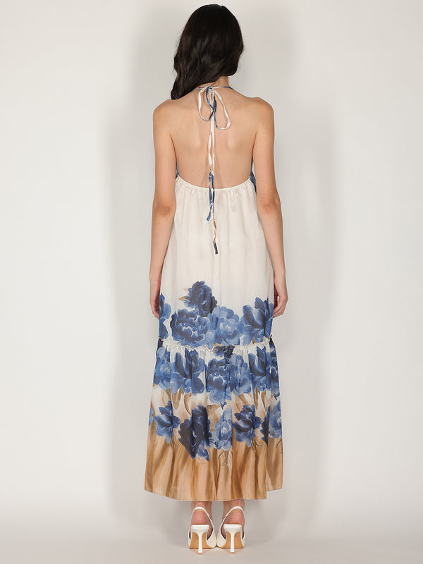 Abito halter in fantasia con balza