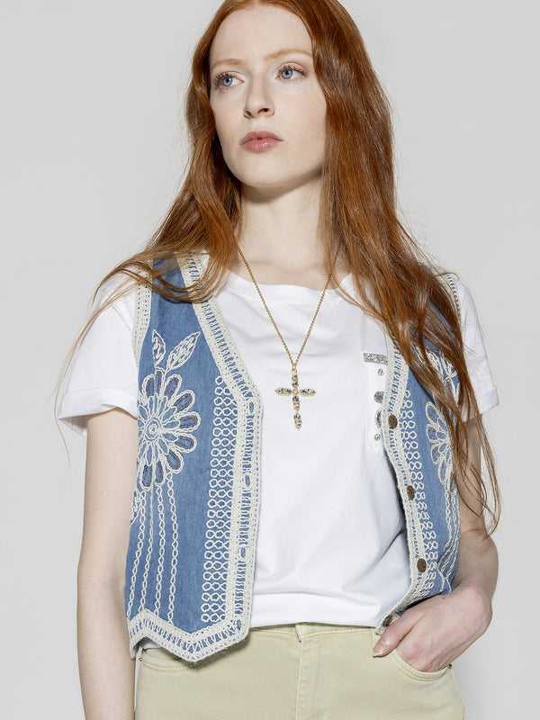 Gilet ricamato tessuto jeans