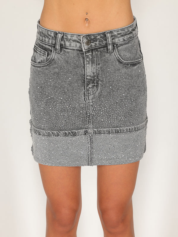 Gonna jeans strass risvolto