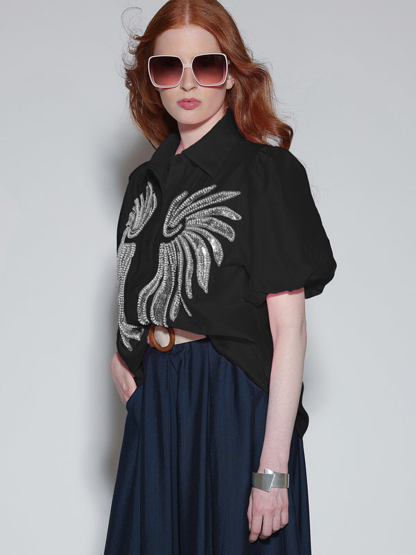 Camicia con perline e paillettes Nero