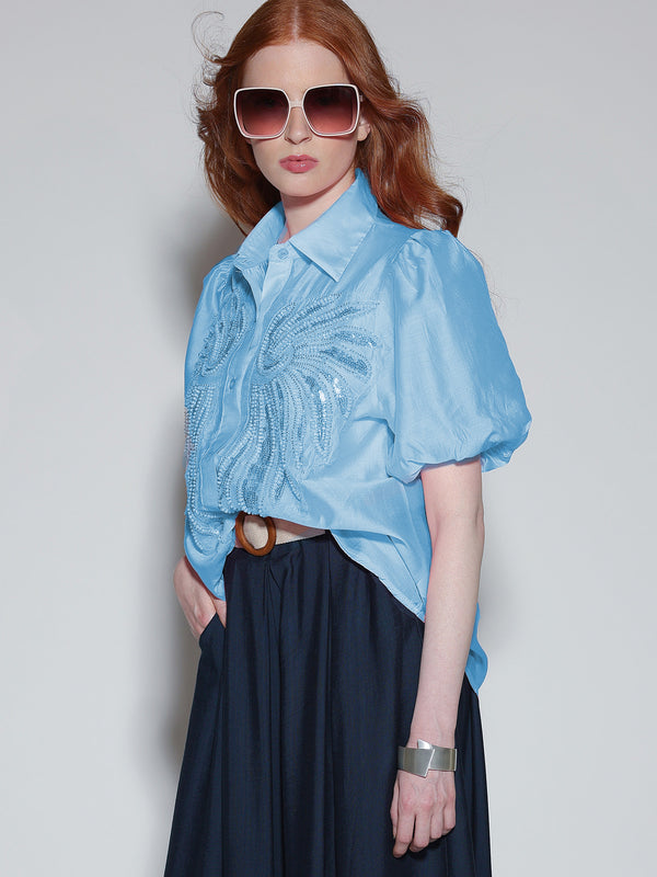 Camicia con perline e paillettes Azzurra