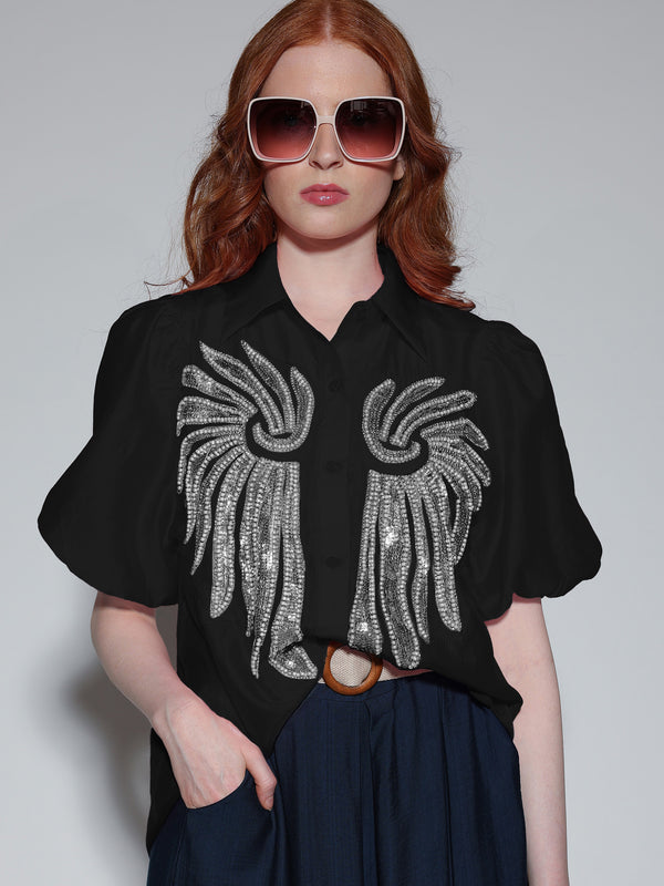Camicia con perline e paillettes Nero