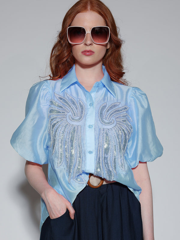 Camicia con perline e paillettes Azzurra